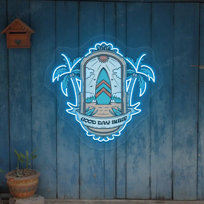 ice blue good day surf beach neon artwork mounted on a wall