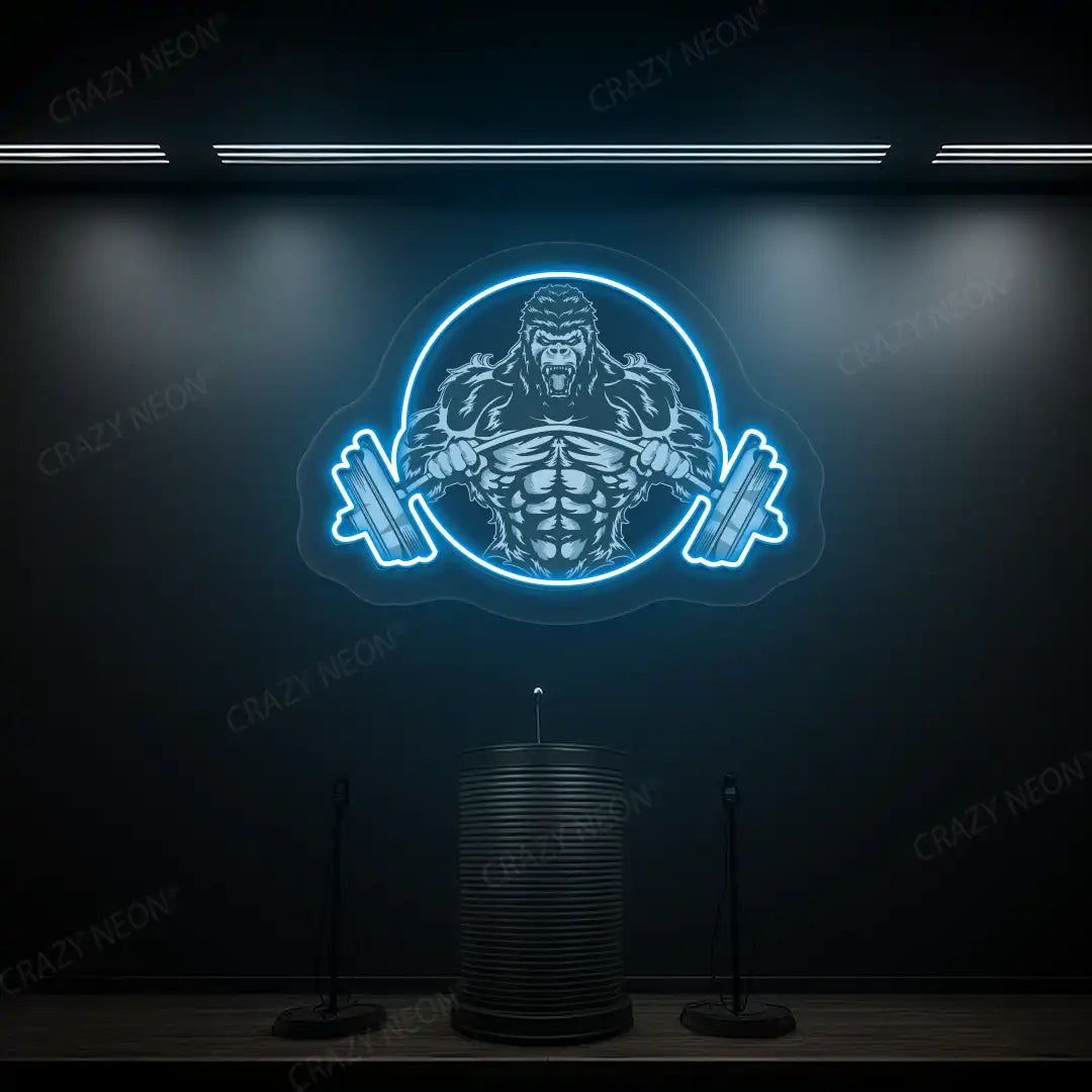 ice blue roaring gorilla gym neon artwork mounted on a wall