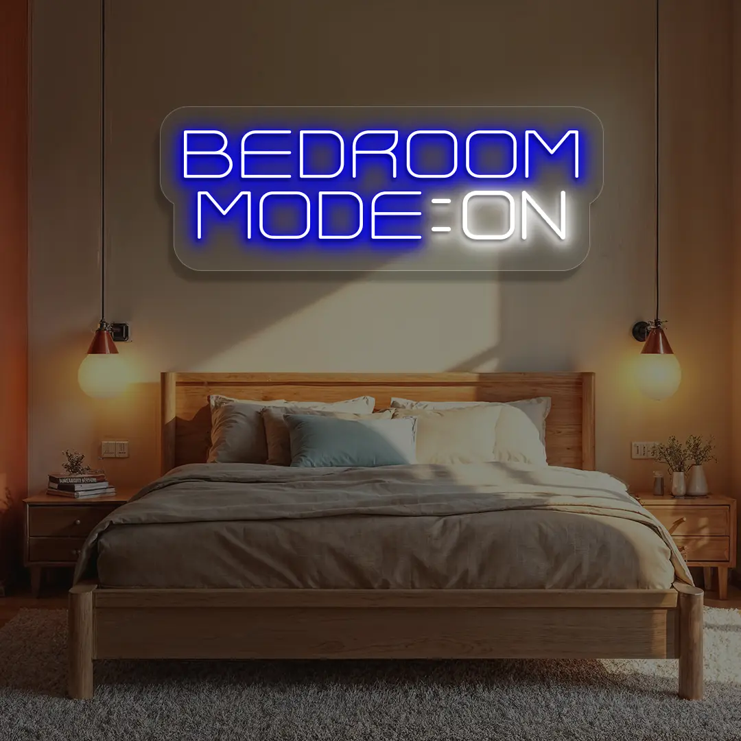 blue and white bedroom mode on neon sign mounted on a wall