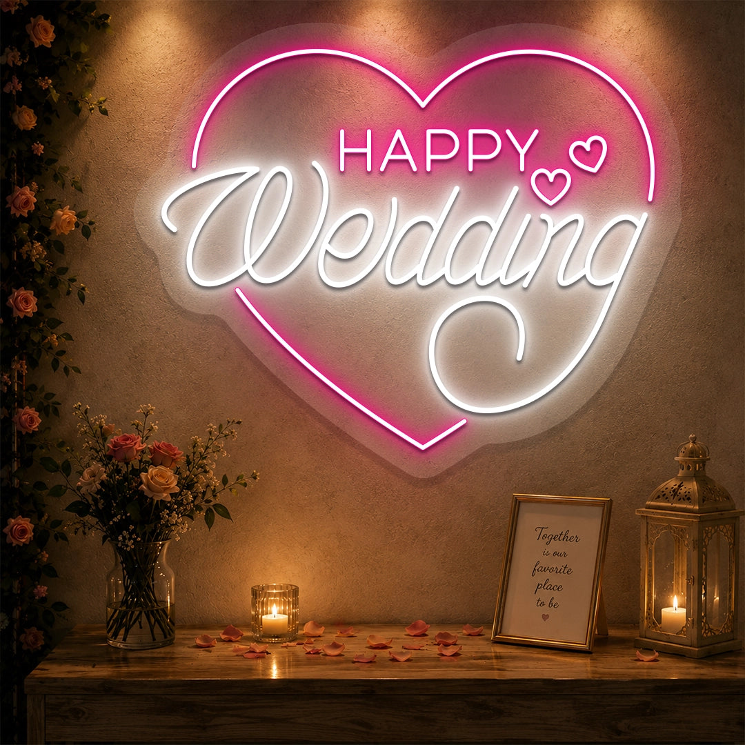 Happy Wedding Glow Neon Sign in Pink color