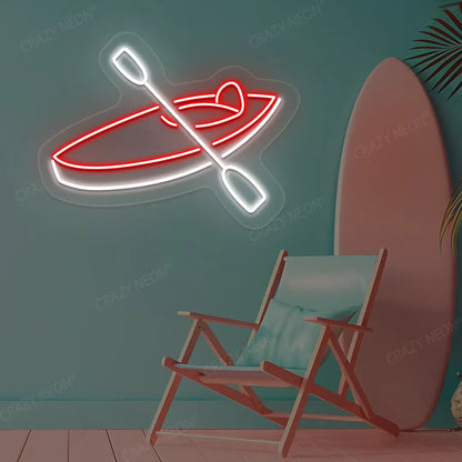 red and white boat paddle neon sign mounted on a wall