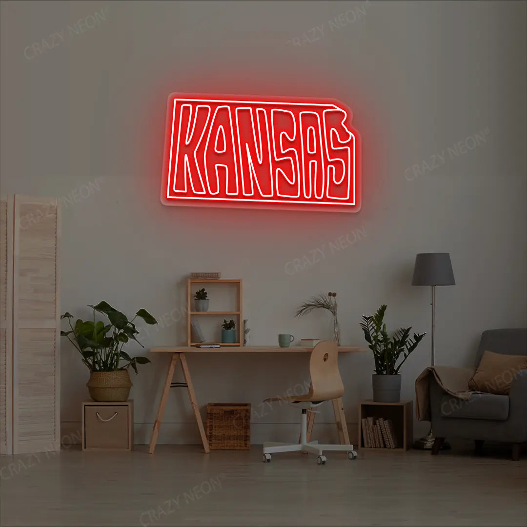 KANSAS Map Neon Sign lighting up in red color in a room