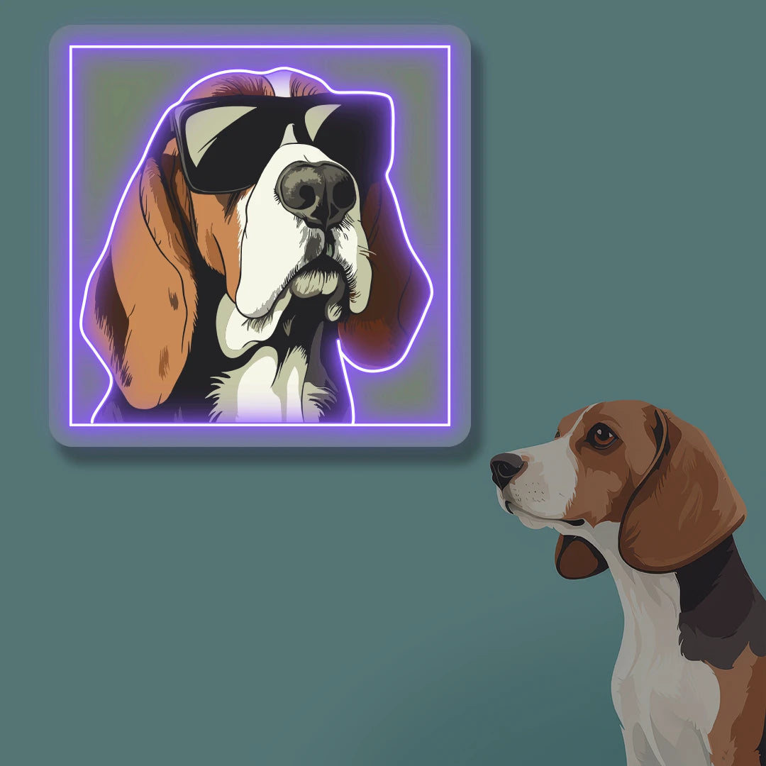 Cool Shades Beagle Portrait Neon Artwork in purple color