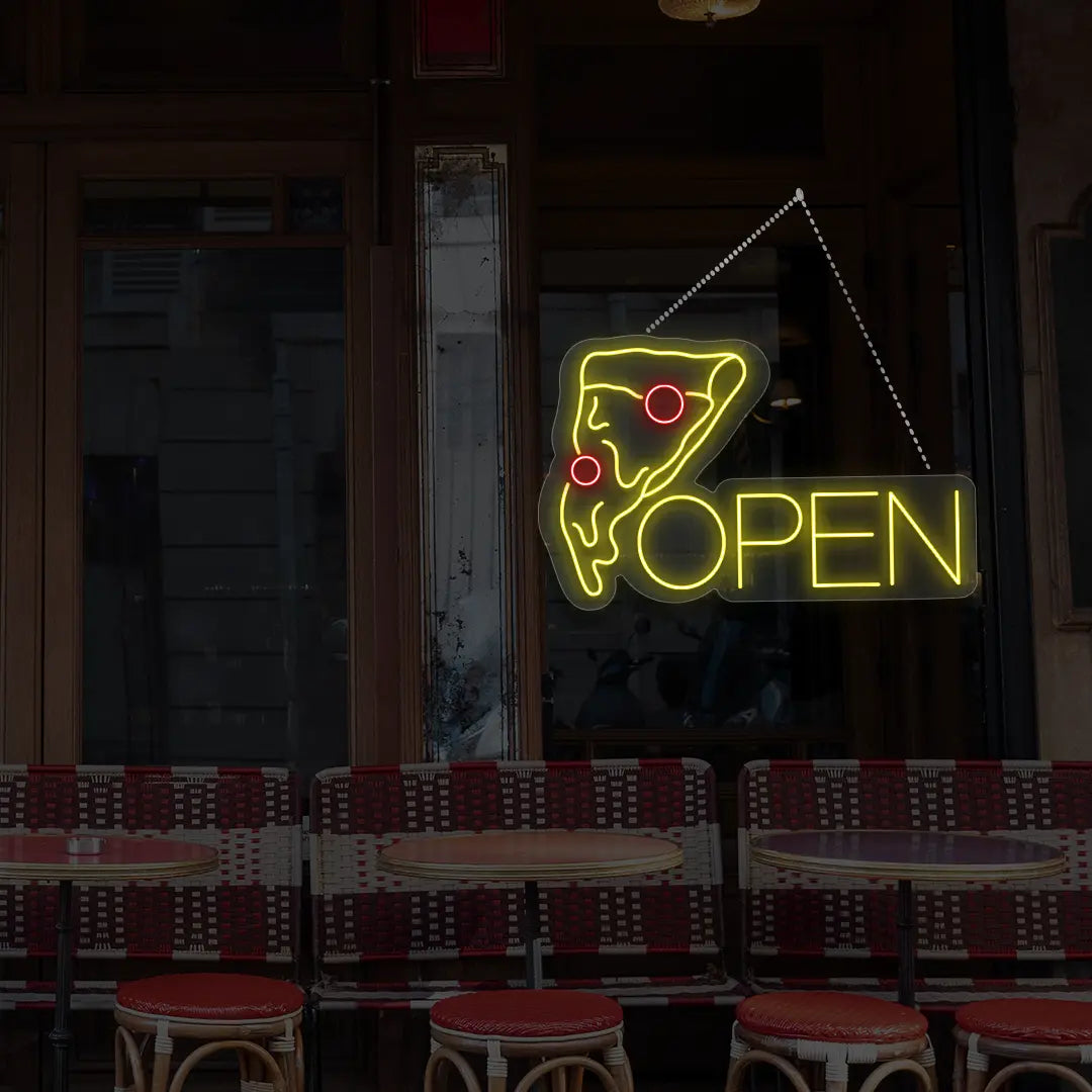 yellow pizza open neon sign hanging on a window