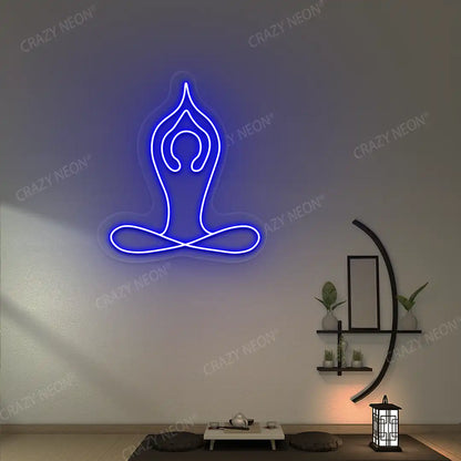Padmasana With Raised Arms Yoga Neon Sign lighting up in blue color in a yoga room