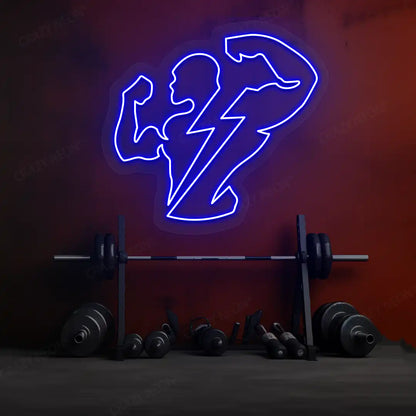 blue thunder bolt physique neon sign mounted on a wall