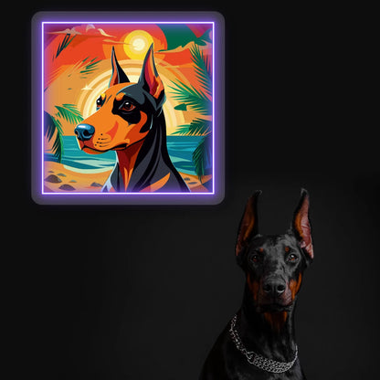 Tropical Sunset Doberman Neon Artwork in purple color