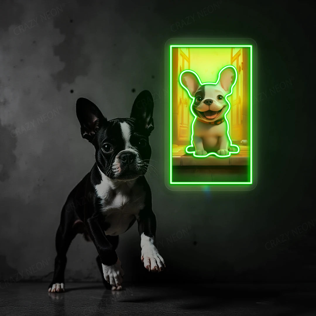 Happy French Bulldog Neon Artwork in Green color