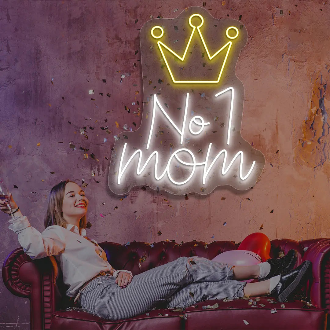 white and yellow no 1 mom crown neon sign mounted on a wall
