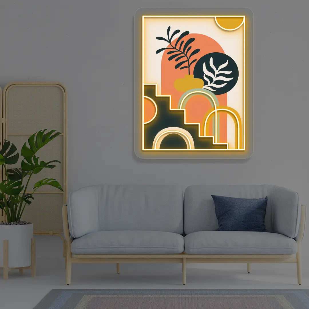 Boho Botanical Staircase Abstract Neon Artwork in orange color