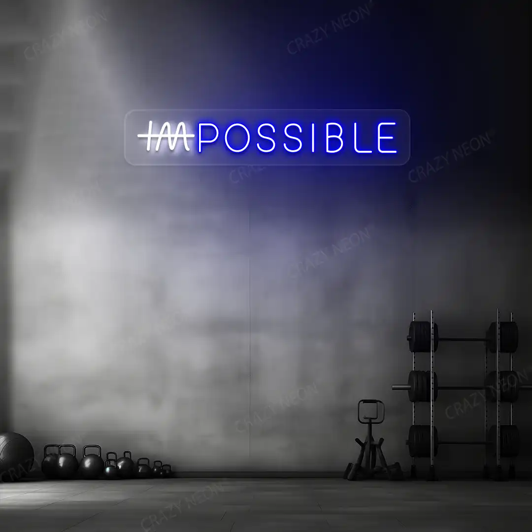 blue and white impossible neon sign mounted on a wall