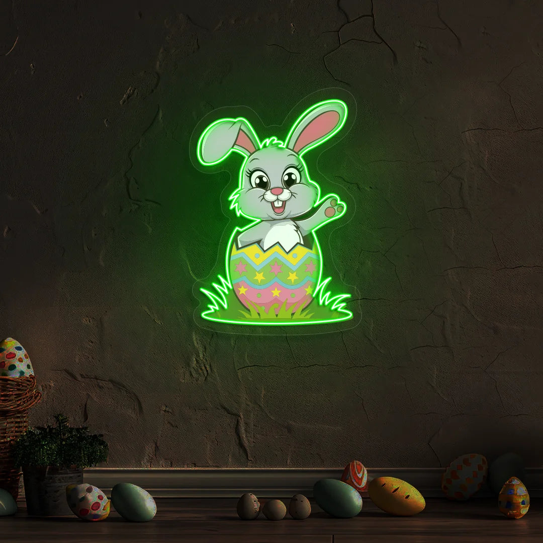 Easter Bunny in Egg Neon Artwork in Green color