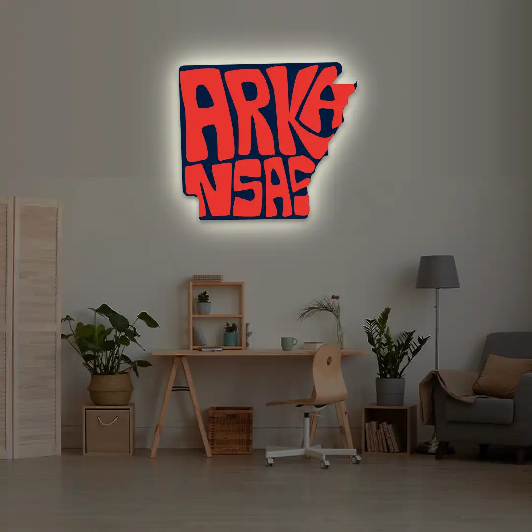 Arkansas map backlit metal wall art vinyl print with warm white LED glow