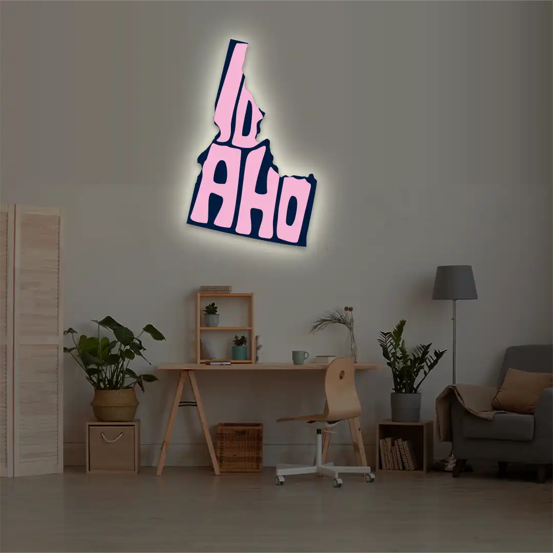 Idaho map backlit metal wall art vinyl print with warm white LED glow