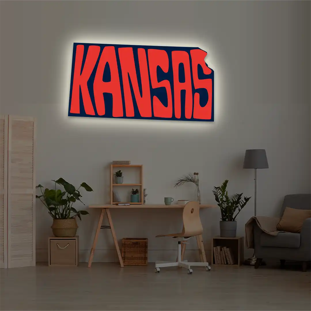 Kansas map backlit metal wall art vinyl print with warm white LED glow