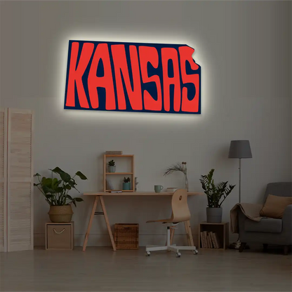 Kansas map backlit metal wall art vinyl print with warm white LED glow