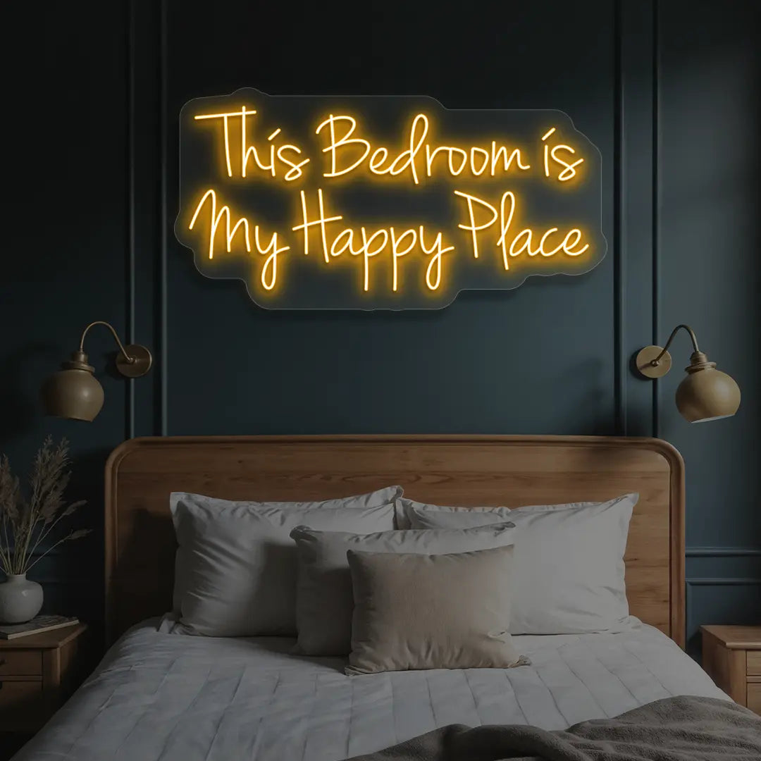 orange this bedroom is my happy place neon sign mounted on a wall