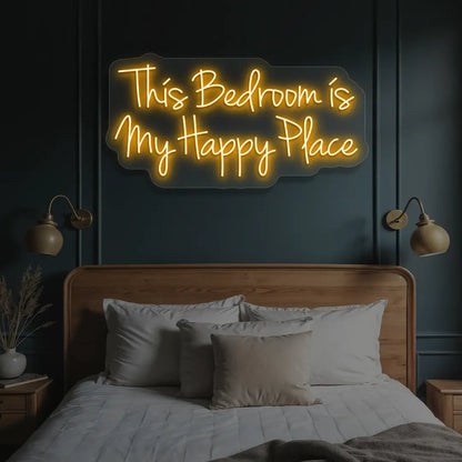 orange this bedroom is my happy place neon sign mounted on a wall