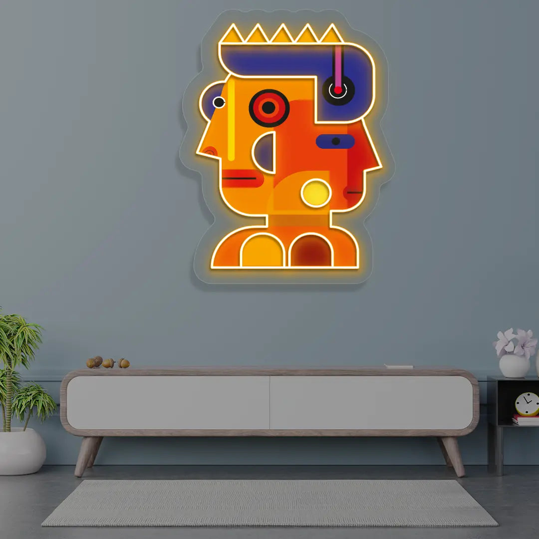 Prism Face Abstract Neon Artwork in Orange color