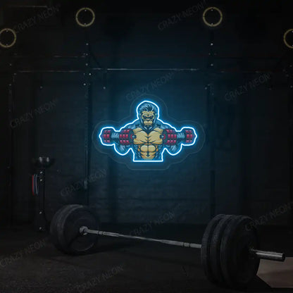 ice blue monkey workout gym neon artwork mounted on a wall