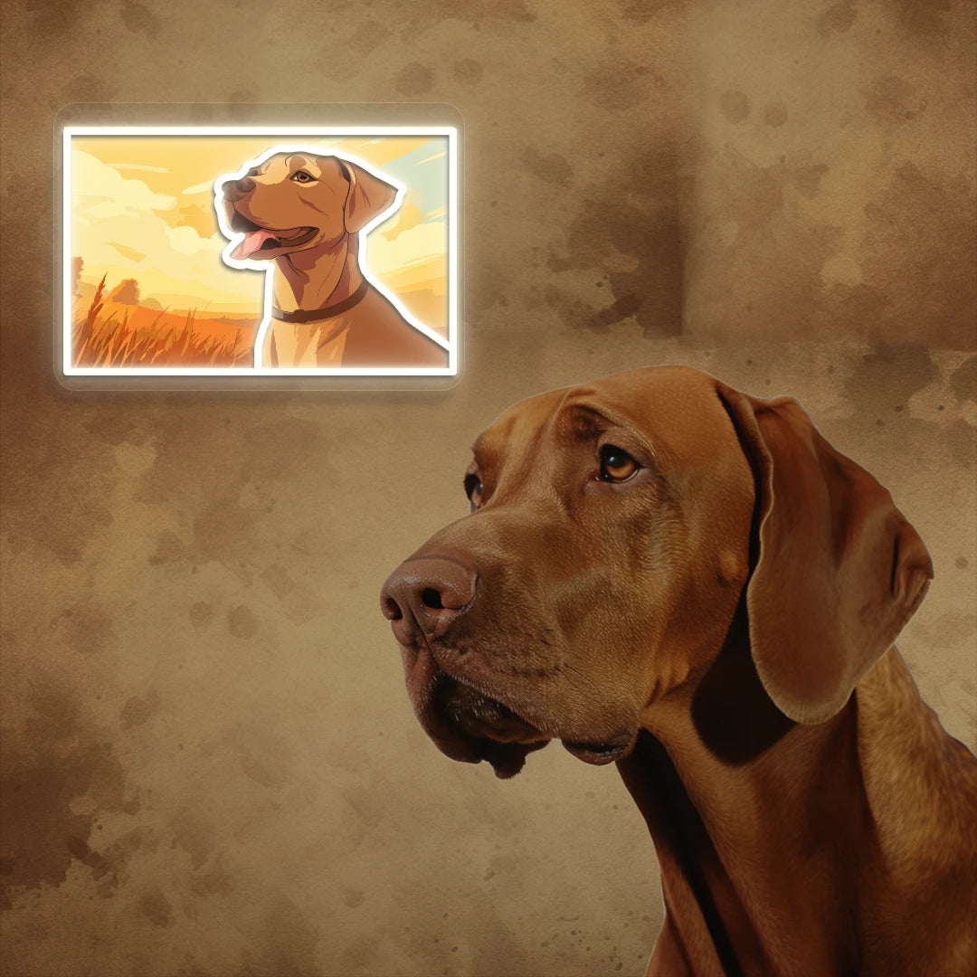 Sunset Field Vizsla Dog Neon Artwork in warmwhite  color