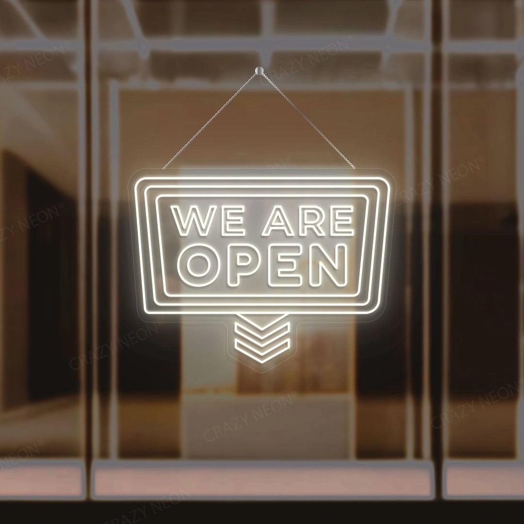 We Are Open Sign with downward Arrow | Warmwhite