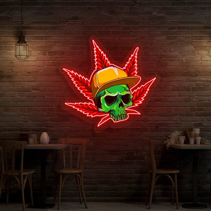 Skull Cap Weed Leaf Neon Artwork in red  color