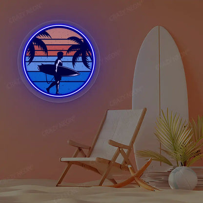 blue surfer silhouette tropical sunset neon artwork mounted on a wall
