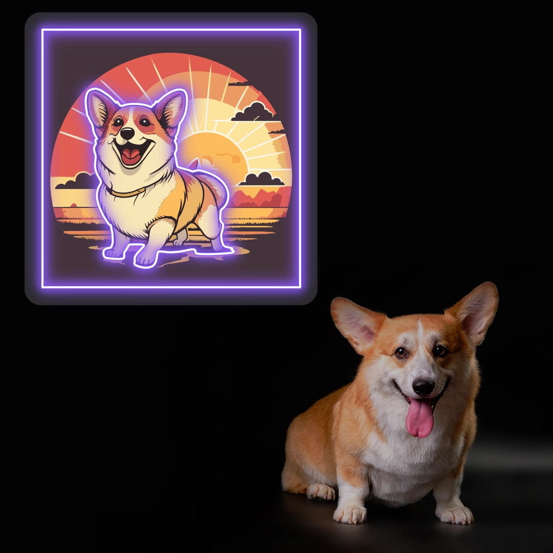 Smiling Corgi Sunset Portrait Neon Artwork in Purple color