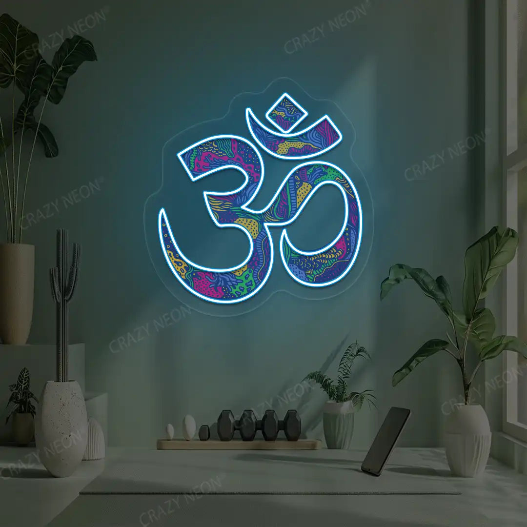 Psychedelic OM Neon Artwork lighting up in iceblue color in a yoga room