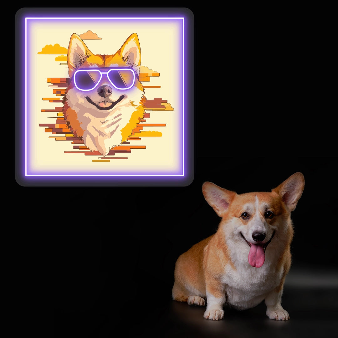 Cool Shades Corgi Neon Artwork in Purple color