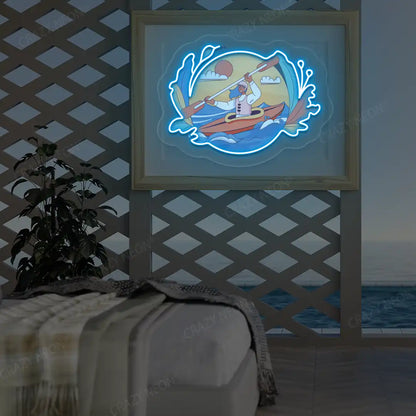 ice blue kayak dreamscape neon artwork mounted on a wall