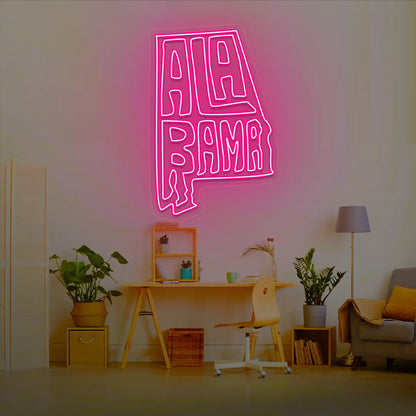 ALABAMA Map Neon Sign lighting up in pink color in a room