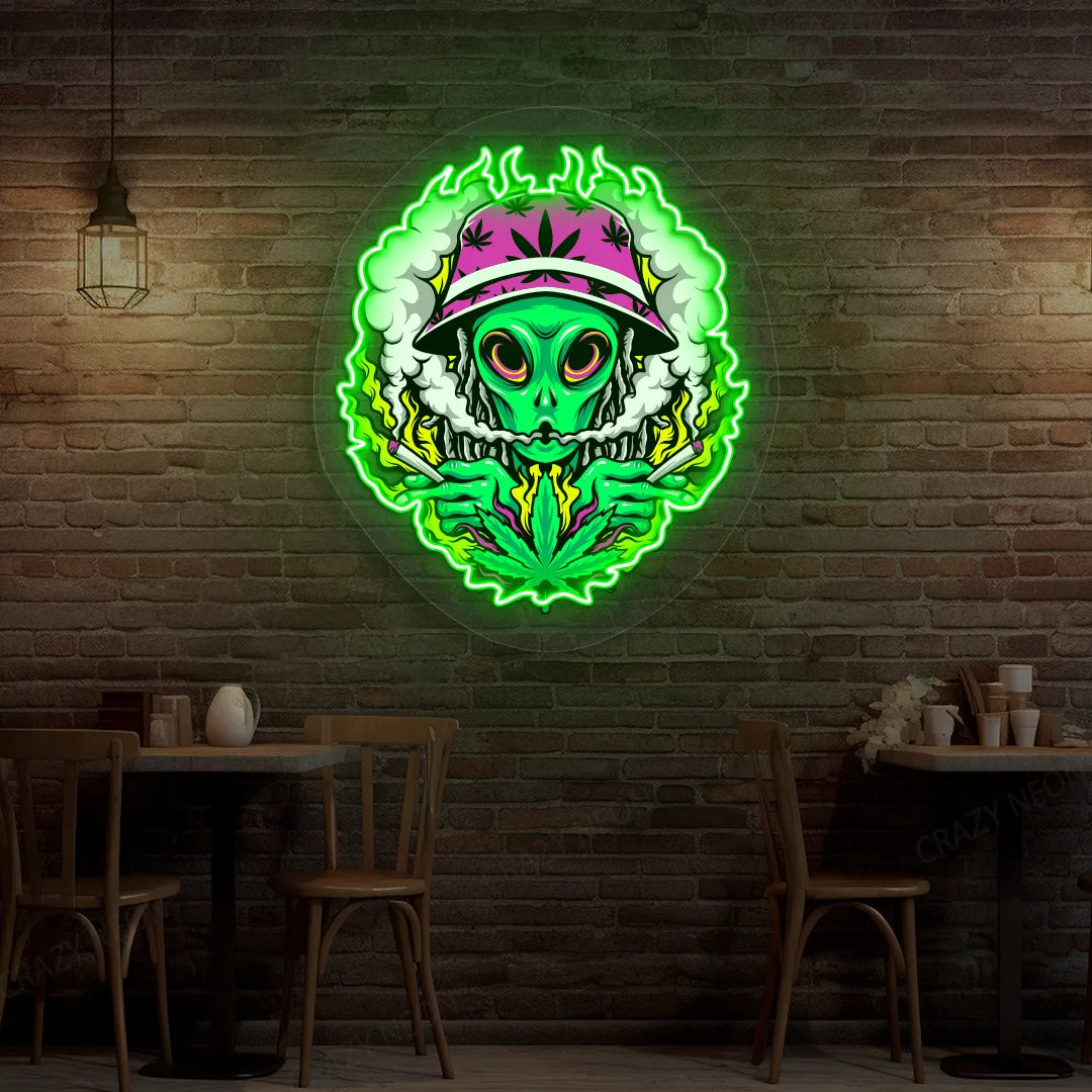 Alien Smoking Weed Neon Artwork in Green color