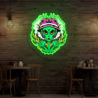 Alien Smoking Weed Neon Artwork in Green color