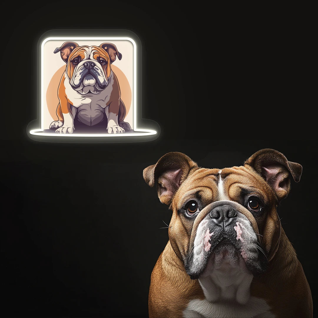 Bulldog Portrait Neon Artwork in white Color