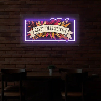 Autumn leaves happy thanksgiving neon sign in purple