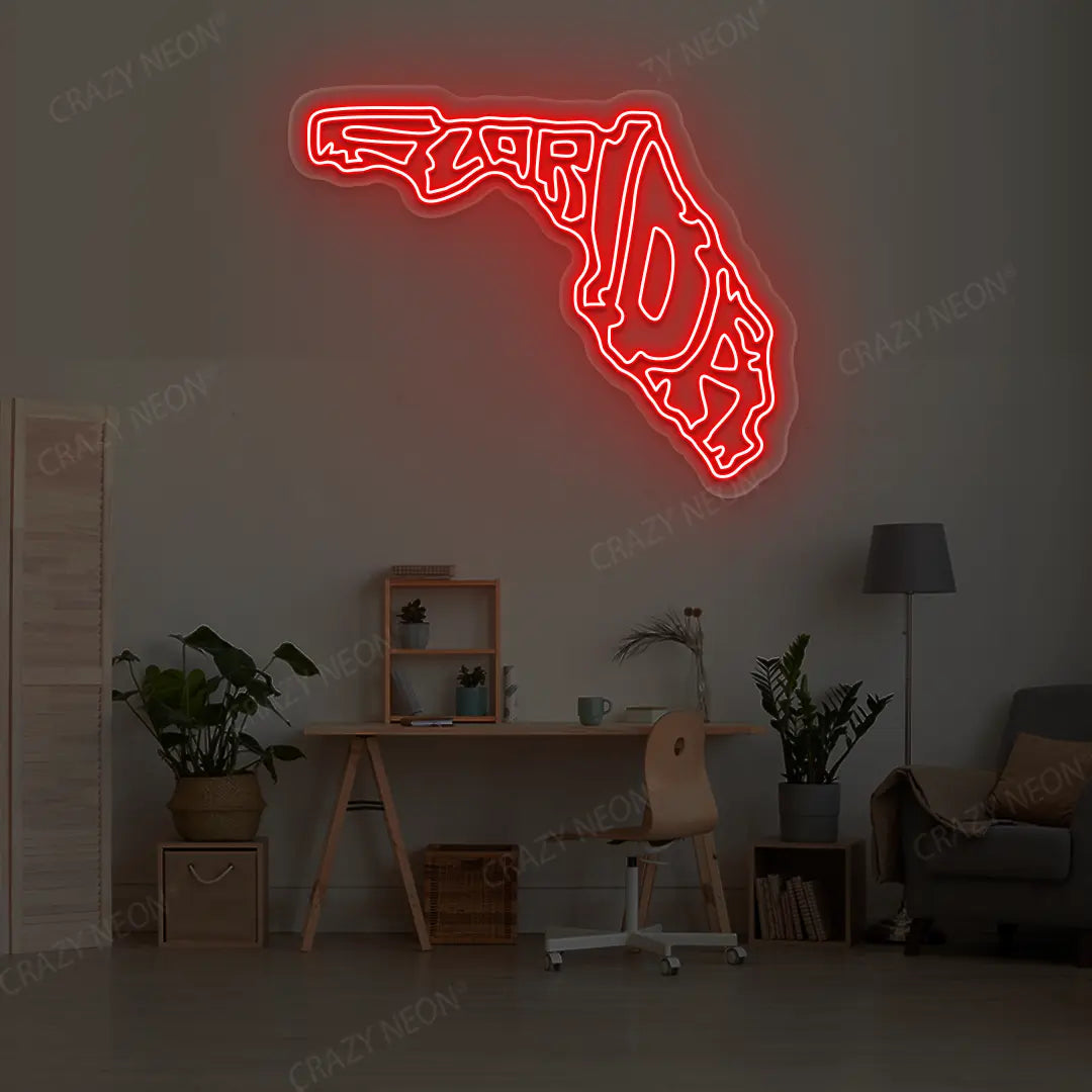 FLORIDA Map Neon Sign lighting up in red color in a room