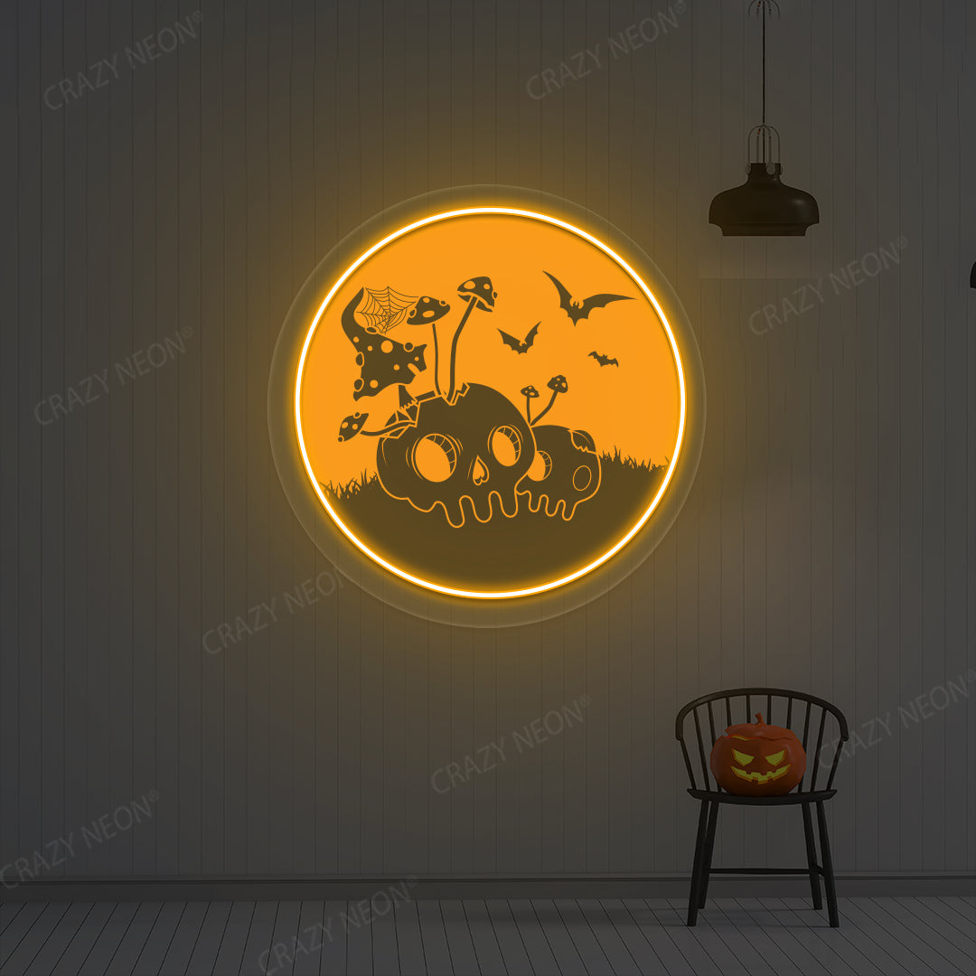 Haunted Mushroom Skulls Neon Artwork | Orange
