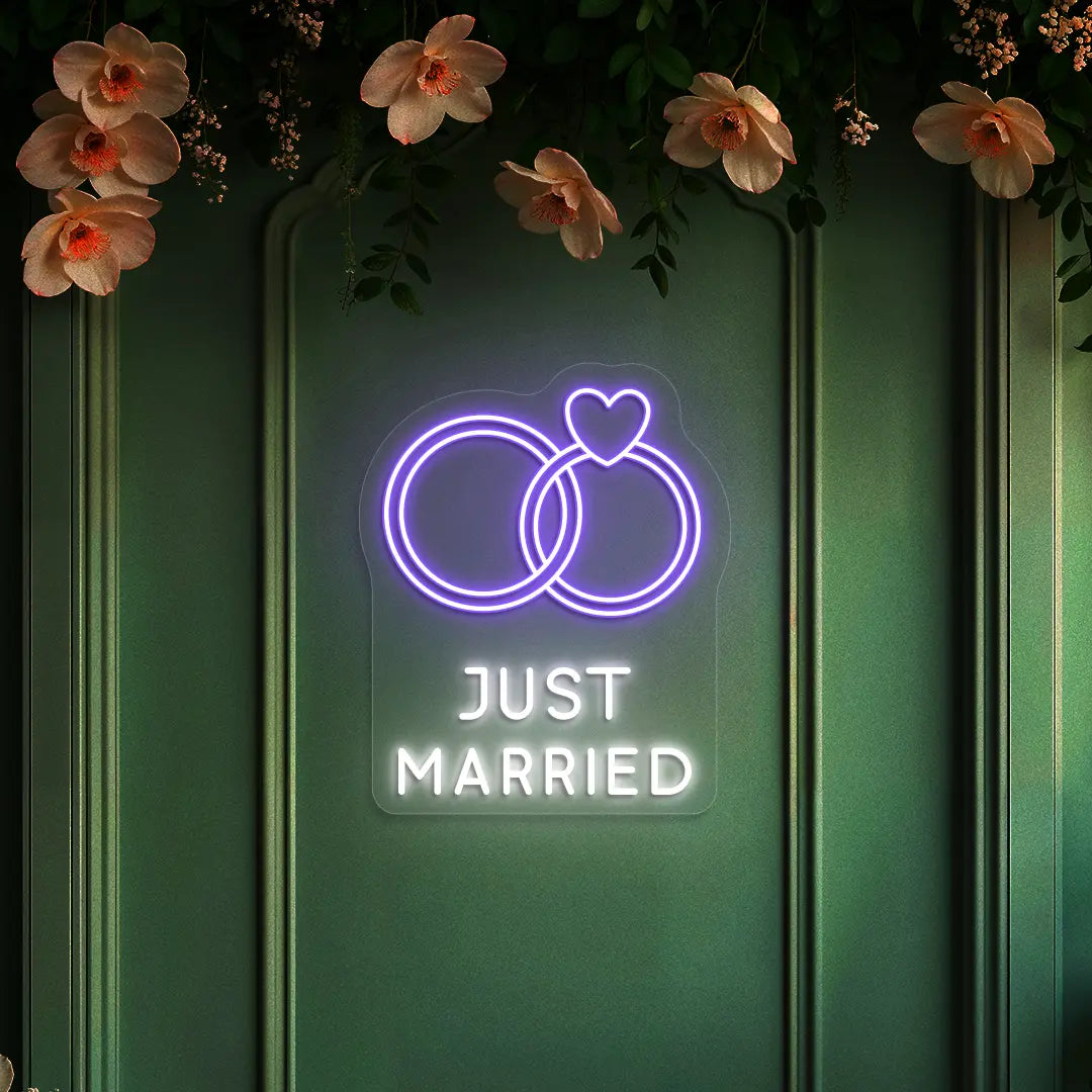 Just Married Rings Wedding Neon Sign