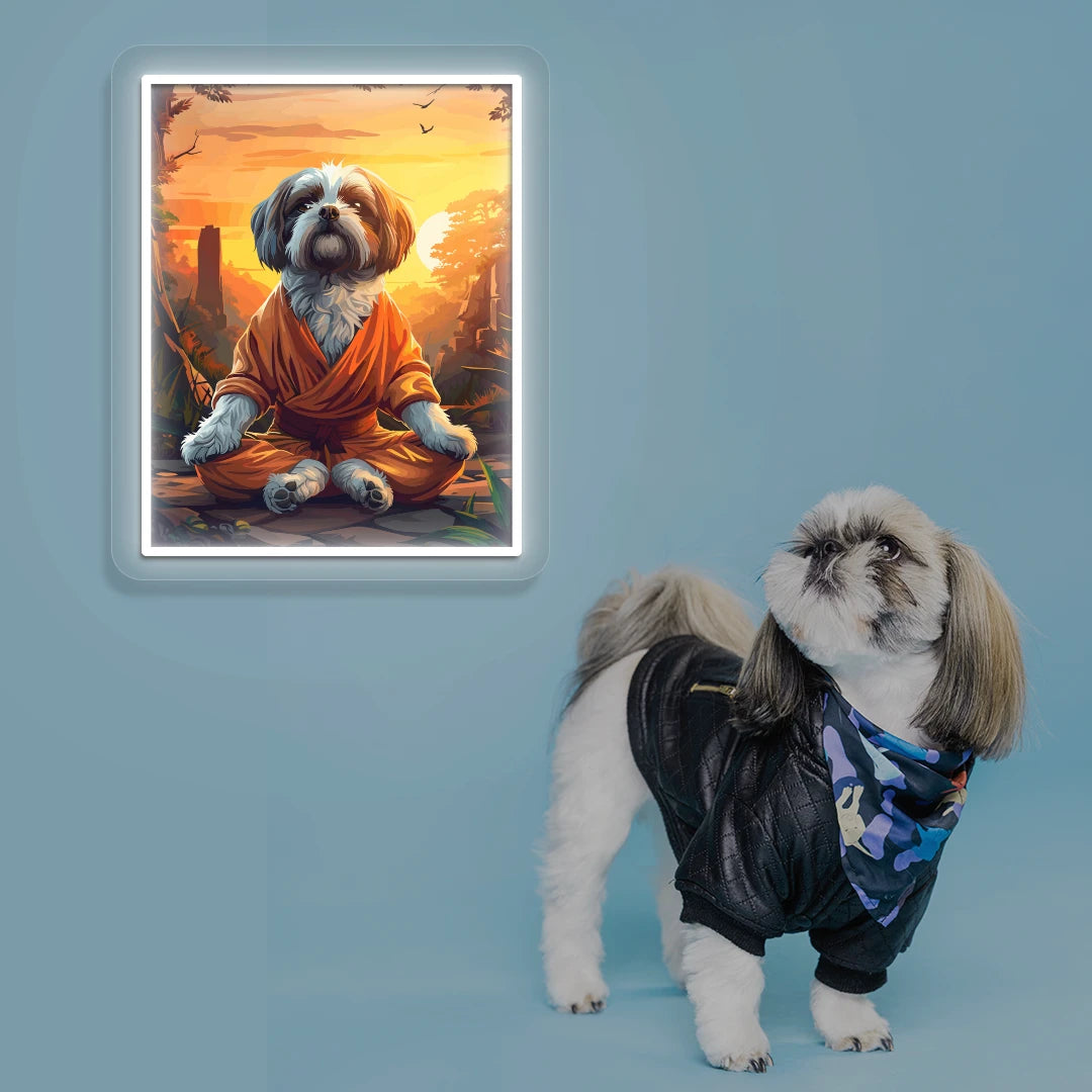 Sunset Zen Shih Tzu Monk Neon Artwork in White Color