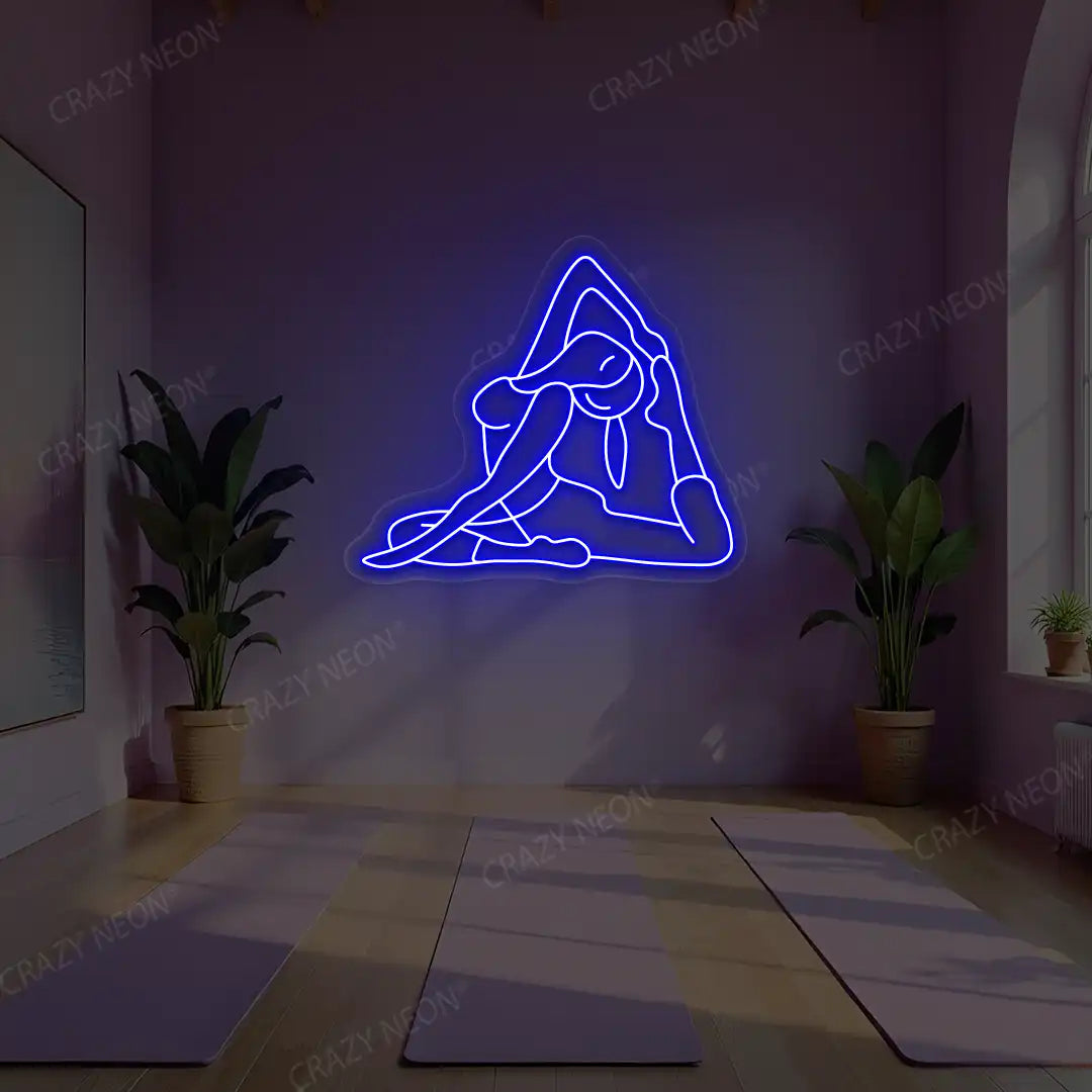 Eka Pada Rajakapotasana Yoga Neon Sign lighting up in blue color in a yoga room