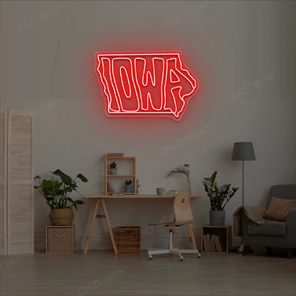 LOWA Map Neon Sign lighting up in red color in a room