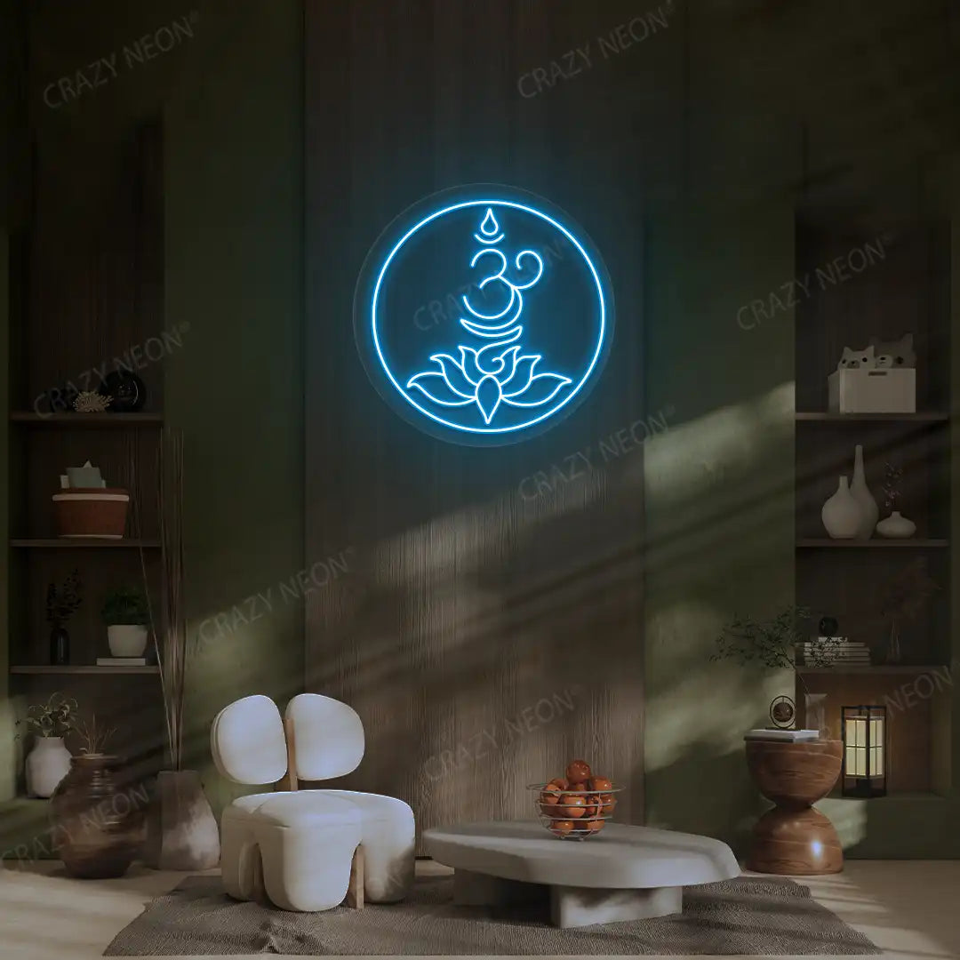 Om Lotus Neon Sign lighting up in iceblue color in a yoga room