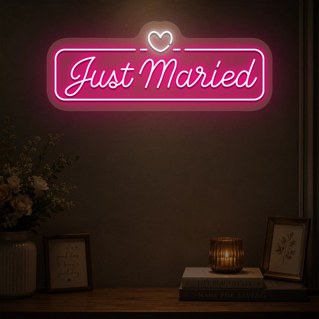 Just Married Heartbound Wedding Neon Sign in pink color