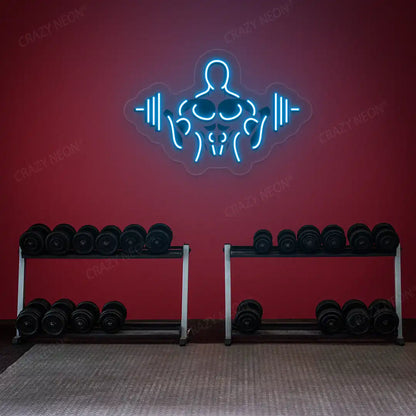 ice blue gymer outline neon artwork mounted on a wall