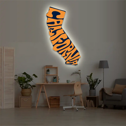 California map backlit metal wall art vinyl print with warm white LED glow