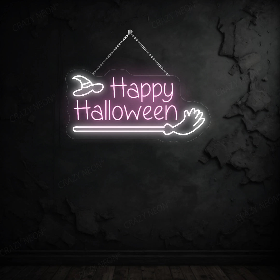 Happy Halloween with Broom Stick LED Neon Sign | Pink 