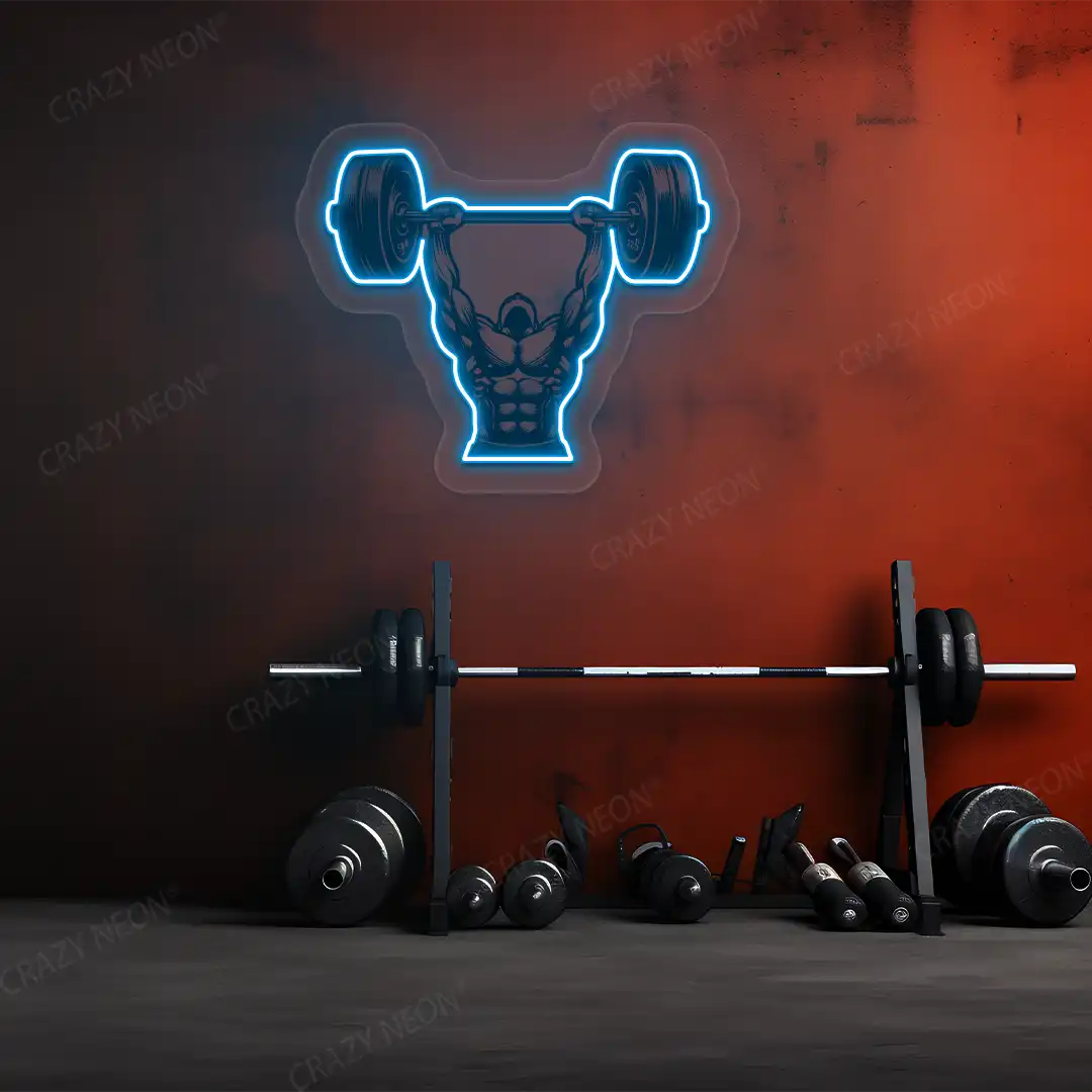 ice blue barbell overhead press gym neon artwork mounted on a wall 