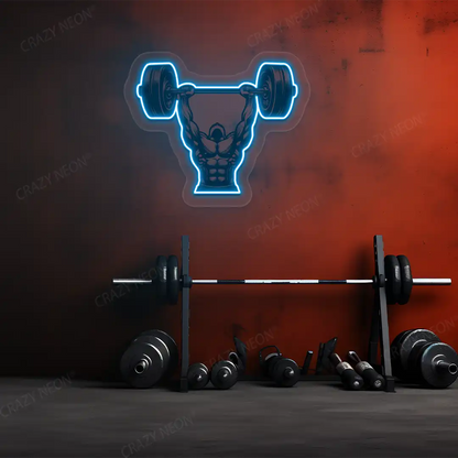 ice blue barbell overhead press gym neon artwork mounted on a wall 